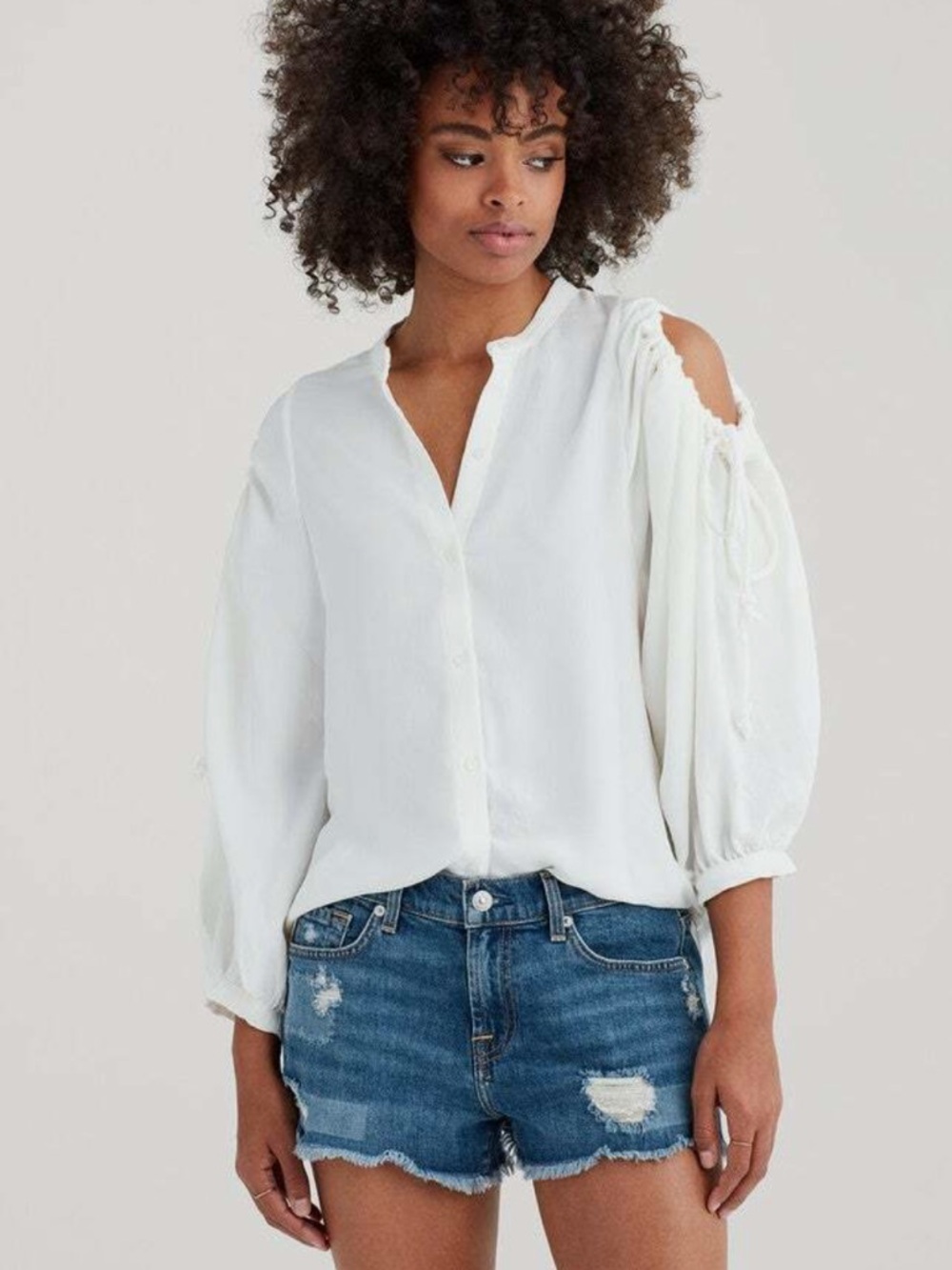 7 For All Mankind White Cold-Shoulder Button-Down Blouse